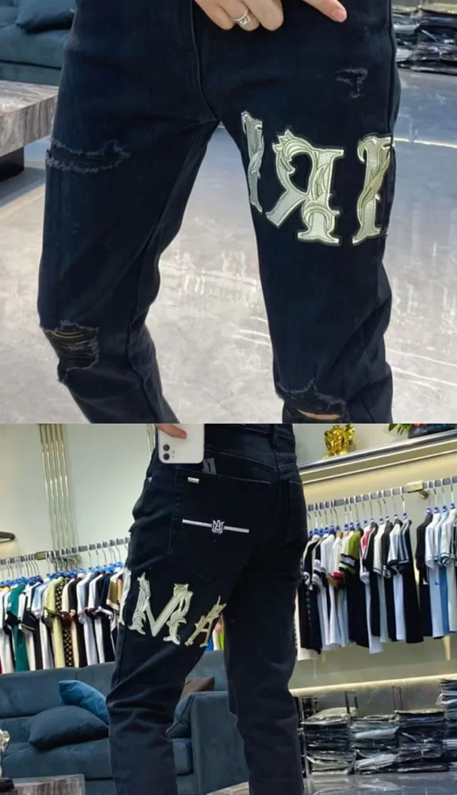 Men's Embroidered Ripped Skinny Stretch Jeans Detail