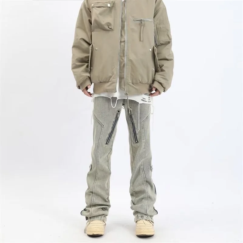 Men's Vintage Distressed Side-Zip Flared Jeans Casual