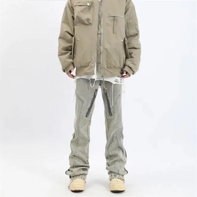 Men's Vintage Distressed Side-Zip Flared Jeans Casual Detail