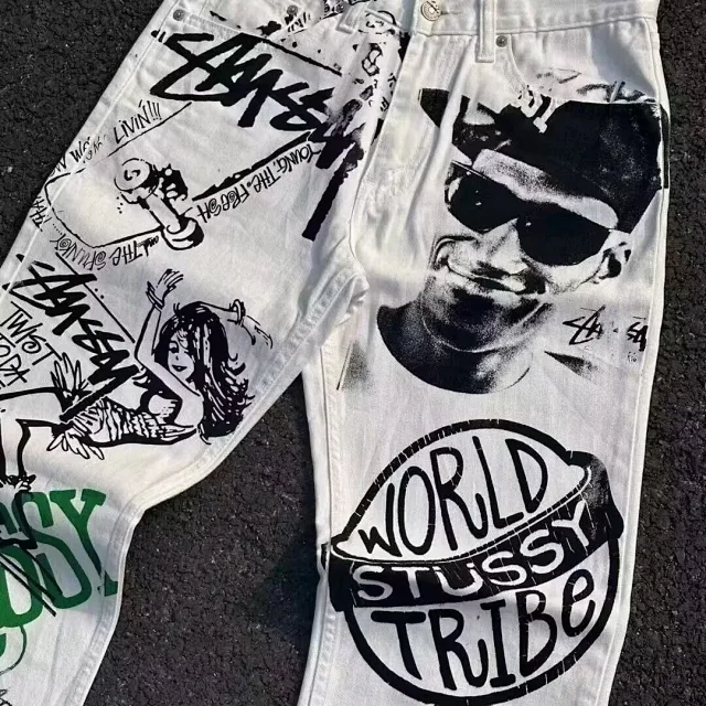 Tusi White Graffiti Baggy Bootcut Jeans Detail