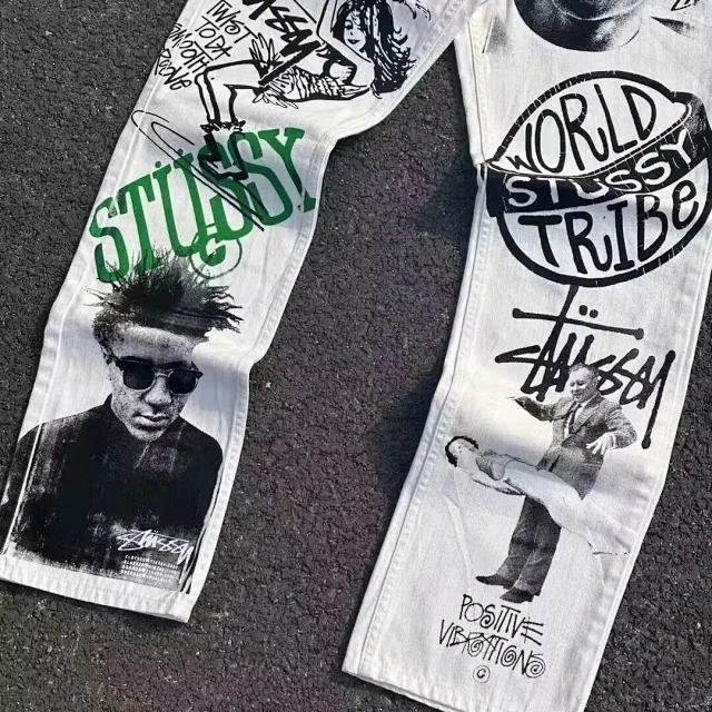 Tusi White Graffiti Baggy Bootcut Jeans Detail