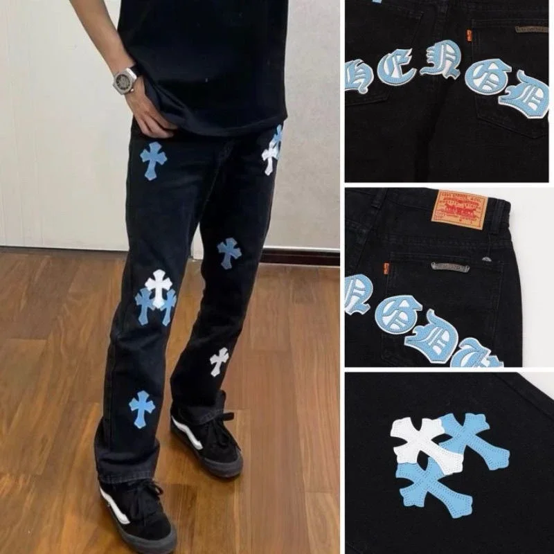 Crooked High Street Cross Patch Loose Fit Distressed Straight Jeans