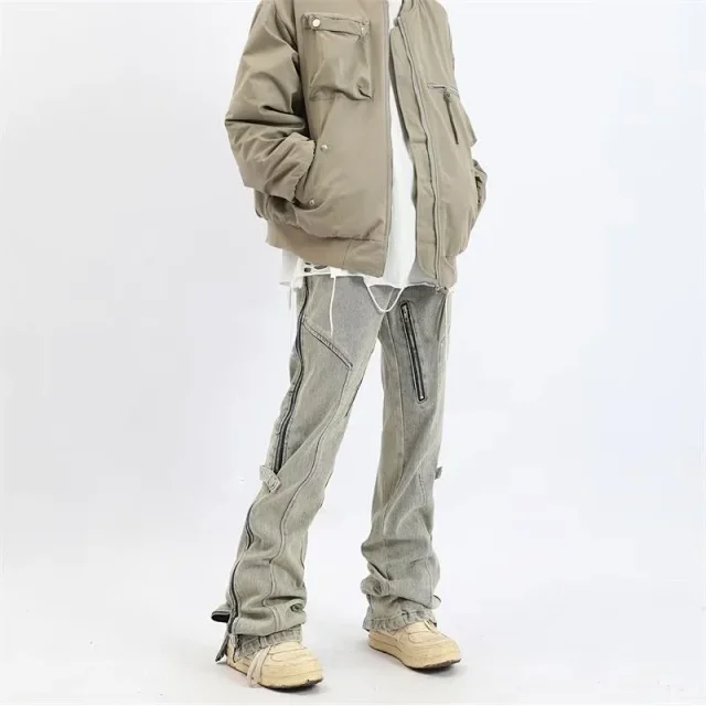 Men's Vintage Distressed Side-Zip Flared Jeans Casual Detail
