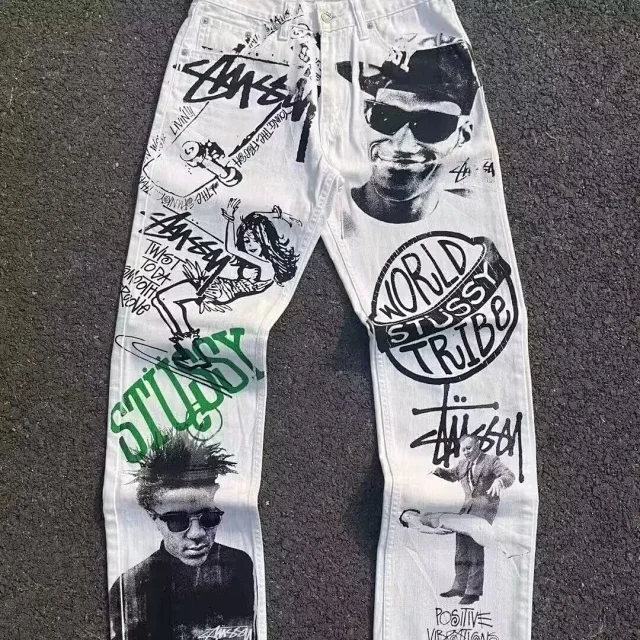 Tusi White Graffiti Baggy Bootcut Jeans Detail