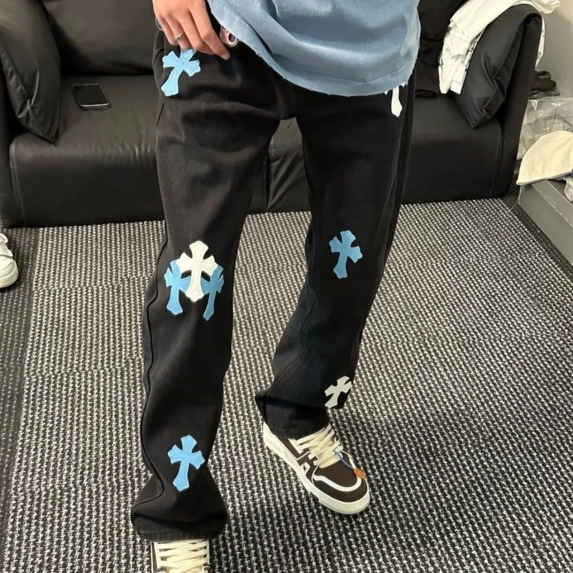 Crooked High Street Cross Patch Loose Fit Distressed Straight Jeans