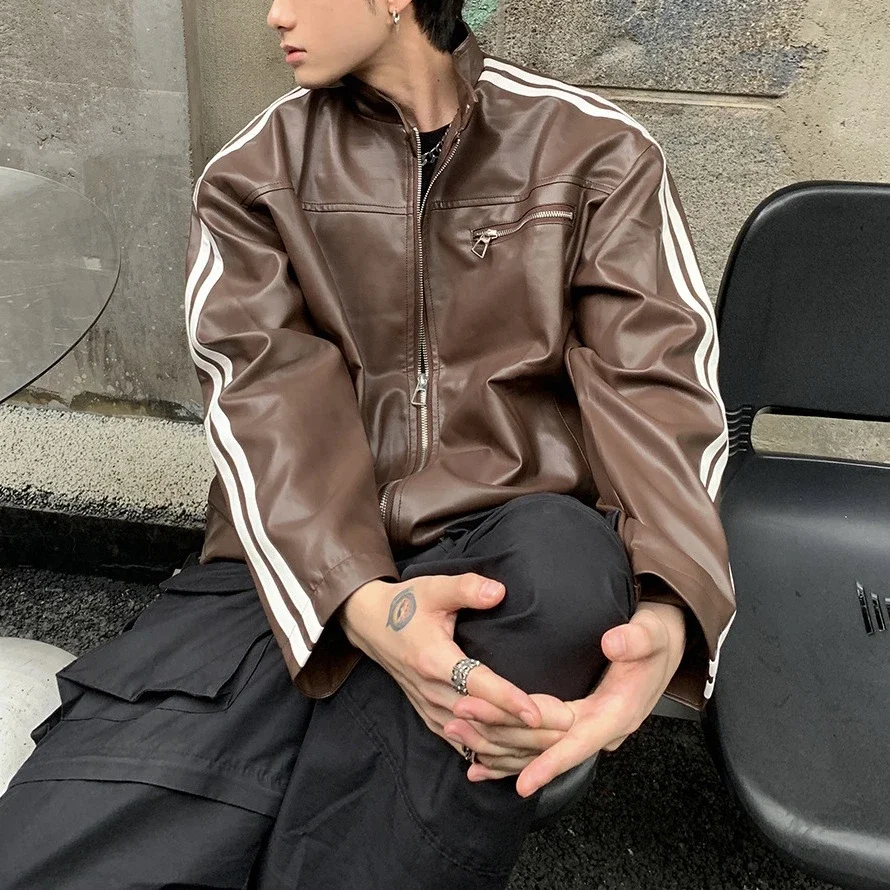 Men's Retro Striped Maillard PU Jacket