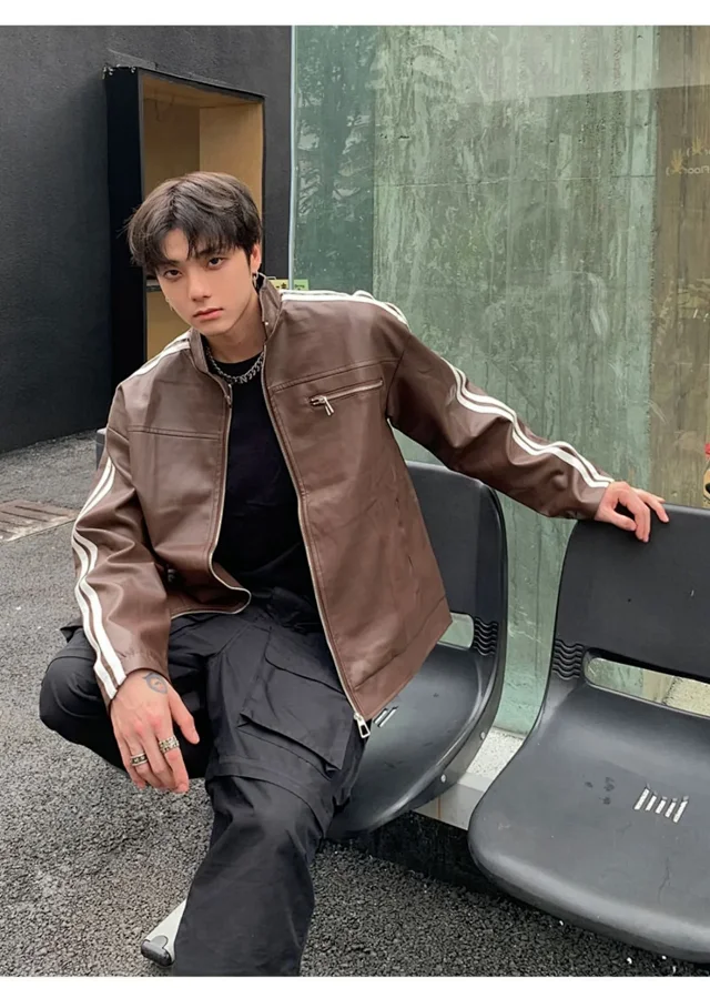 Men's Retro Striped Maillard PU Jacket Detail