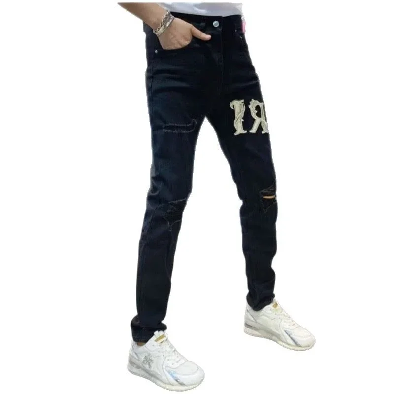Men's Embroidered Ripped Skinny Stretch Jeans