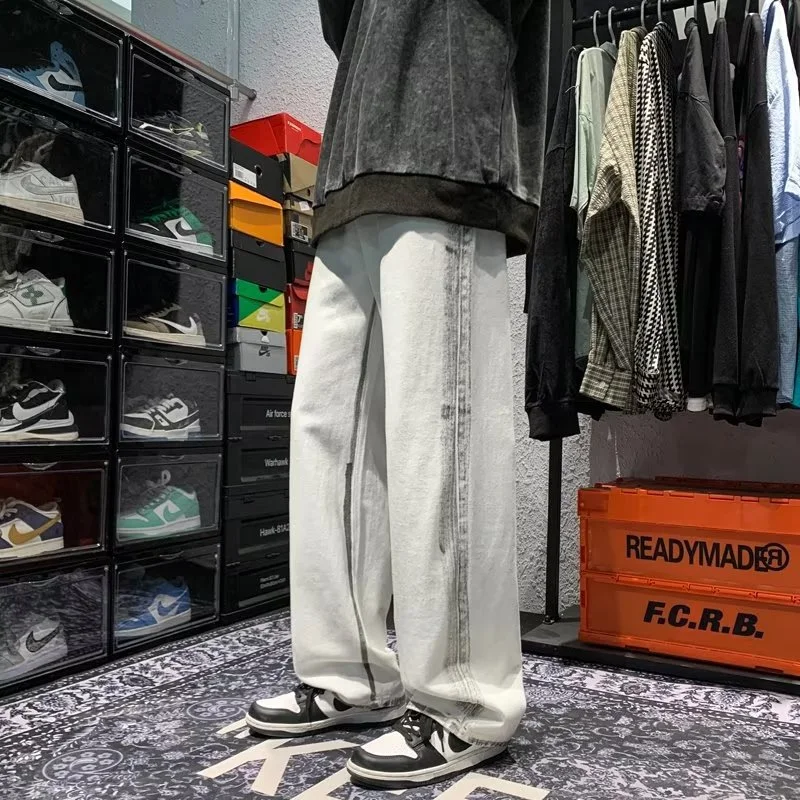 Men's Patchwork Frayed Wide Leg Jeans