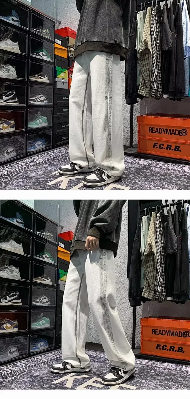 Men's Patchwork Frayed Wide Leg Jeans Detail