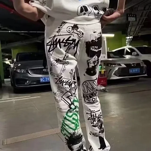 Tusi White Graffiti Baggy Bootcut Jeans Detail