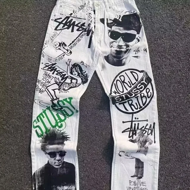 Tusi White Graffiti Baggy Bootcut Jeans Detail