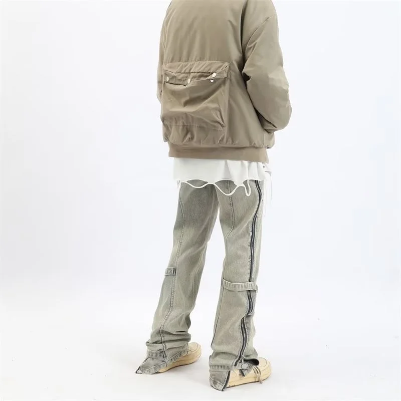 Men's Vintage Distressed Side-Zip Flared Jeans Casual