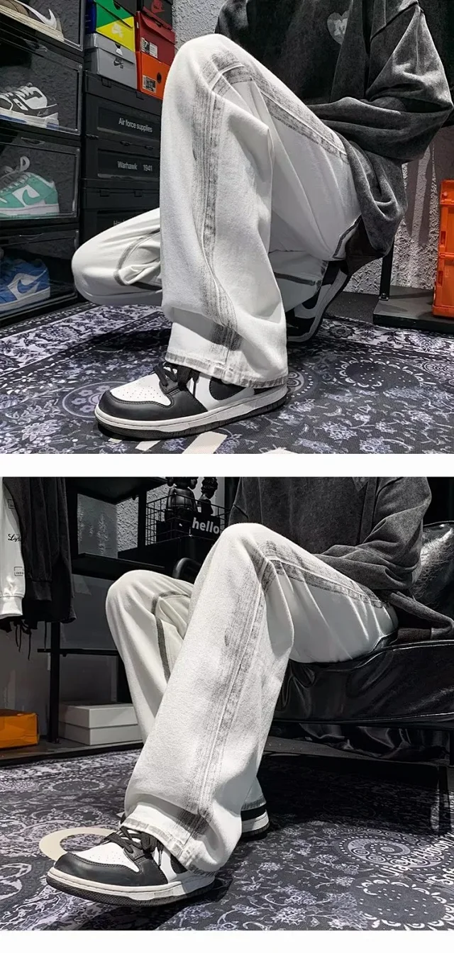 Men's Patchwork Frayed Wide Leg Jeans Detail
