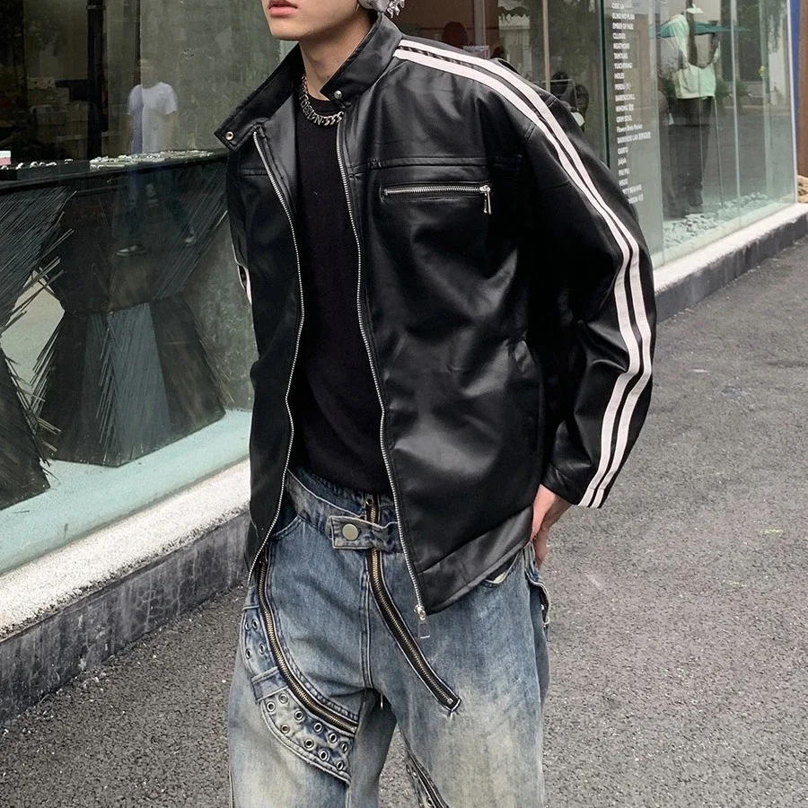 Men's Retro Striped Maillard PU Jacket