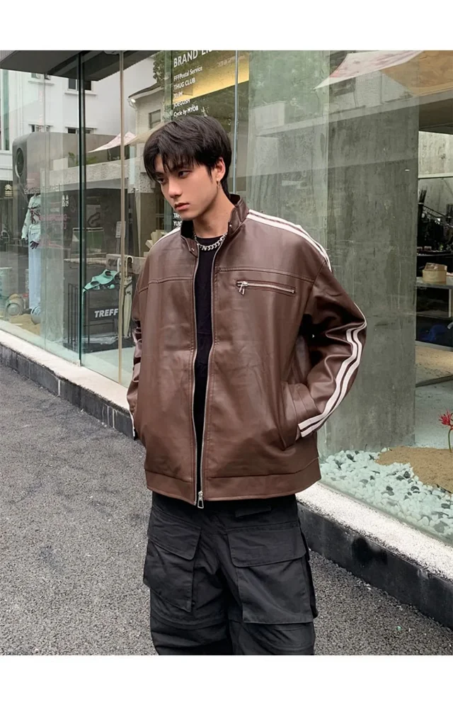 Men's Retro Striped Maillard PU Jacket Detail