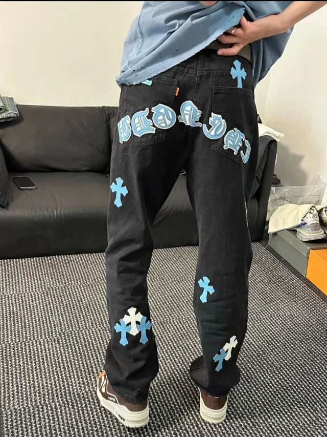 Crooked High Street Cross Patch Loose Fit Distressed Straight Jeans Detail