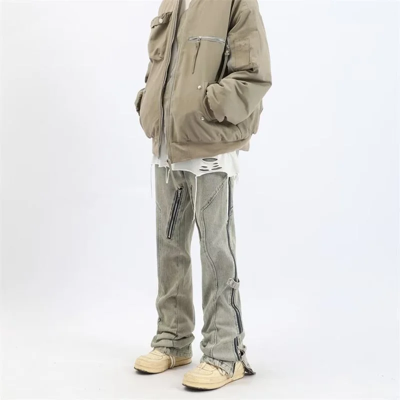 Men's Vintage Distressed Side-Zip Flared Jeans Casual