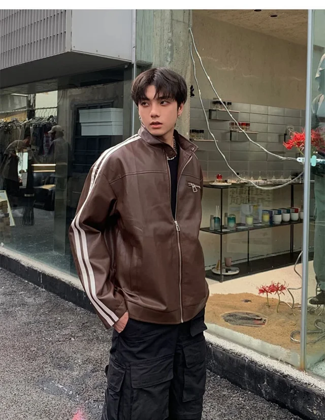 Men's Retro Striped Maillard PU Jacket Detail