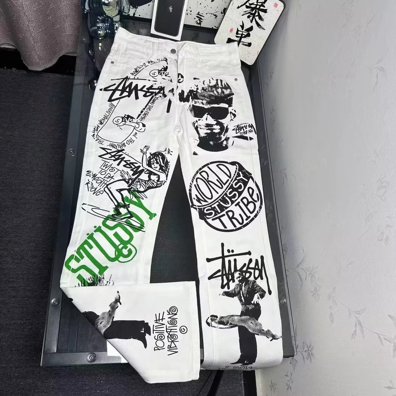 Tusi White Graffiti Baggy Bootcut Jeans