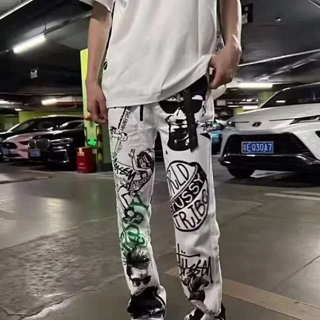 Tusi White Graffiti Baggy Bootcut Jeans Detail