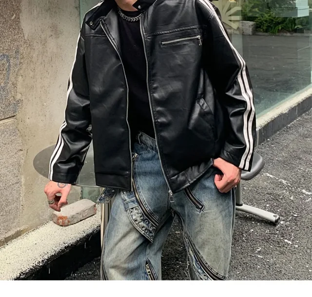 Men's Retro Striped Maillard PU Jacket Detail
