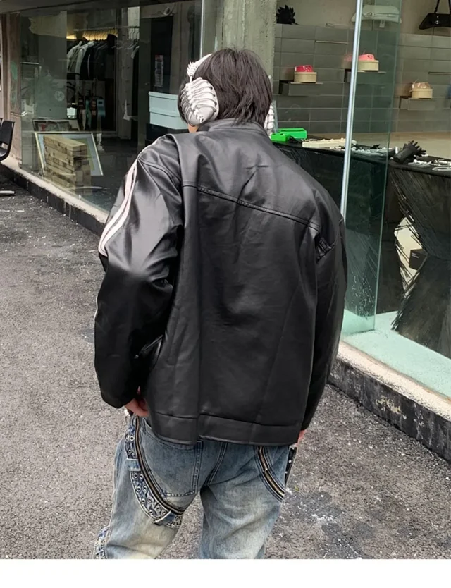 Men's Retro Striped Maillard PU Jacket Detail