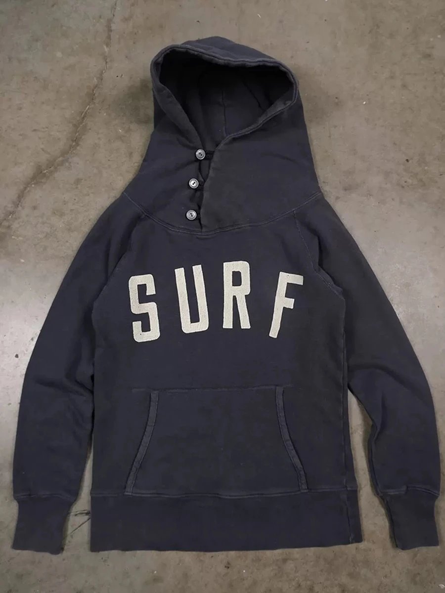 Generic Sweater Surf Spell Out Button Hoodie Dark Grey