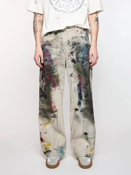 Design Paint-Splatter Cargo Jeans Multicolor Jeans - 2
