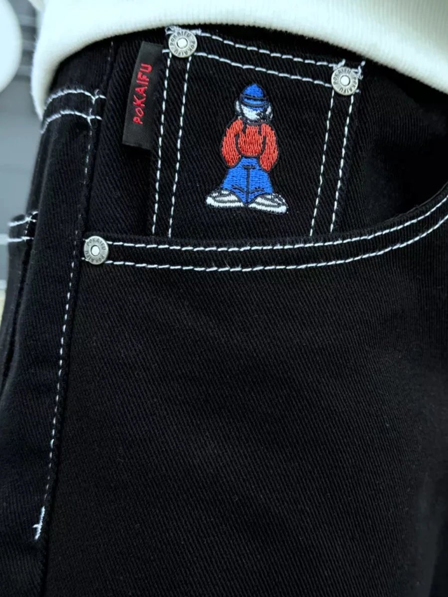 2026新款美式Y2K嘻哈滑板宽松PoKAIFU卡通刺绣休闲牛仔裤子Jeans