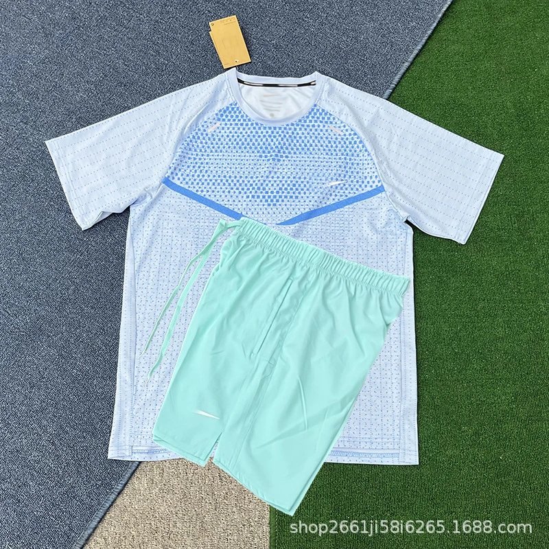 Nike Shirts Short-Sleeve Patterned Running Shirt — T900 Blue D218 Green