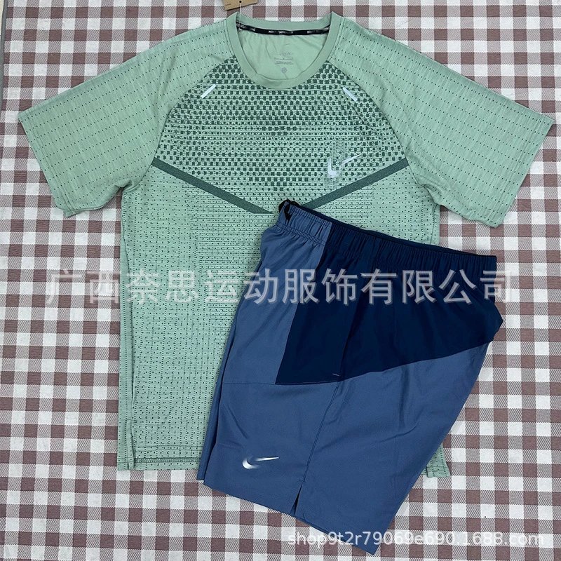 Nike Shirts Short-Sleeve Patterned Running Shirt — T900 Green 7508 Blue