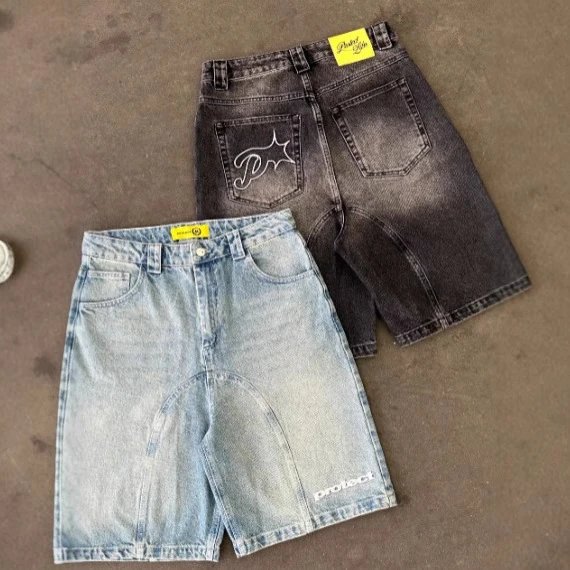 Embroidered Loose Washed Denim Bermuda Shorts