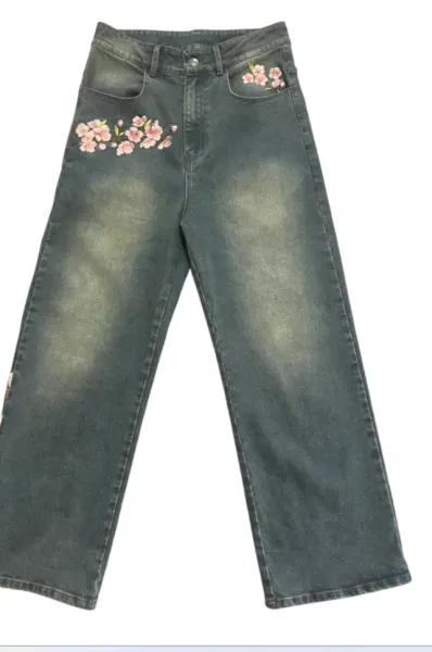 Embroidered Cherry Blossom Wide-Leg Jeans - 5