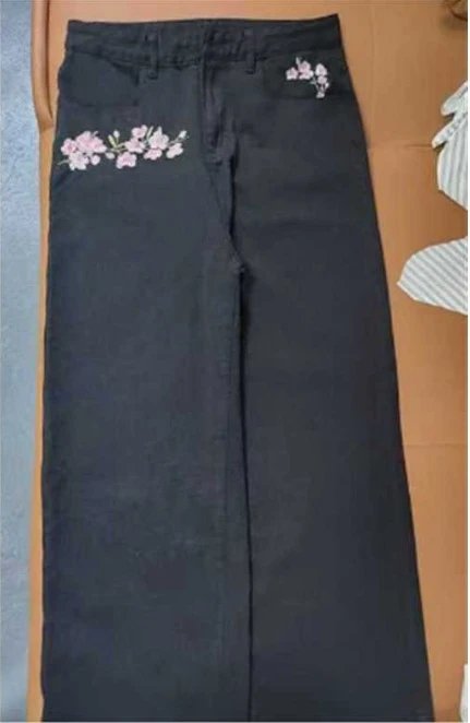 Embroidered Floral Black Jeans - 1