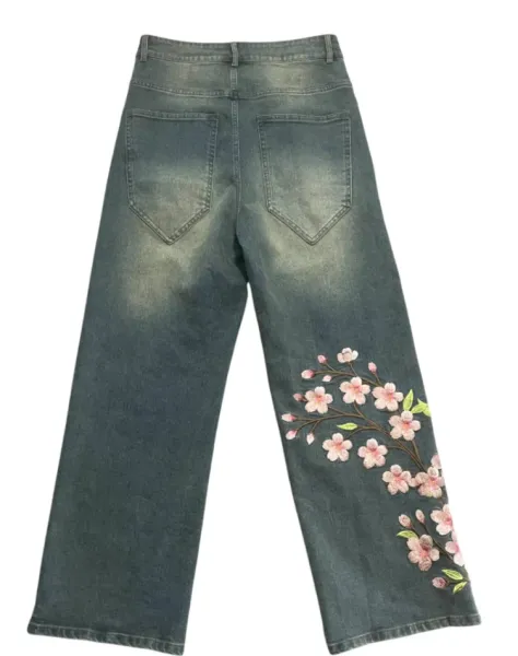 Embroidered Cherry Blossom Wide-Leg Jeans - 1