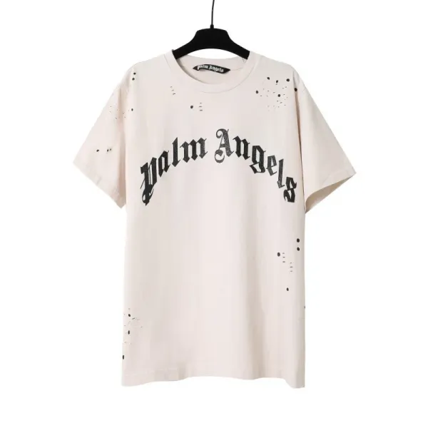 Palm Angels Distressed Logo Print Beige T-Shirt - 1