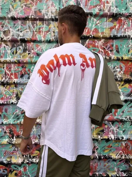 Palm Angels Distressed Logo Print Beige T-Shirt - 6