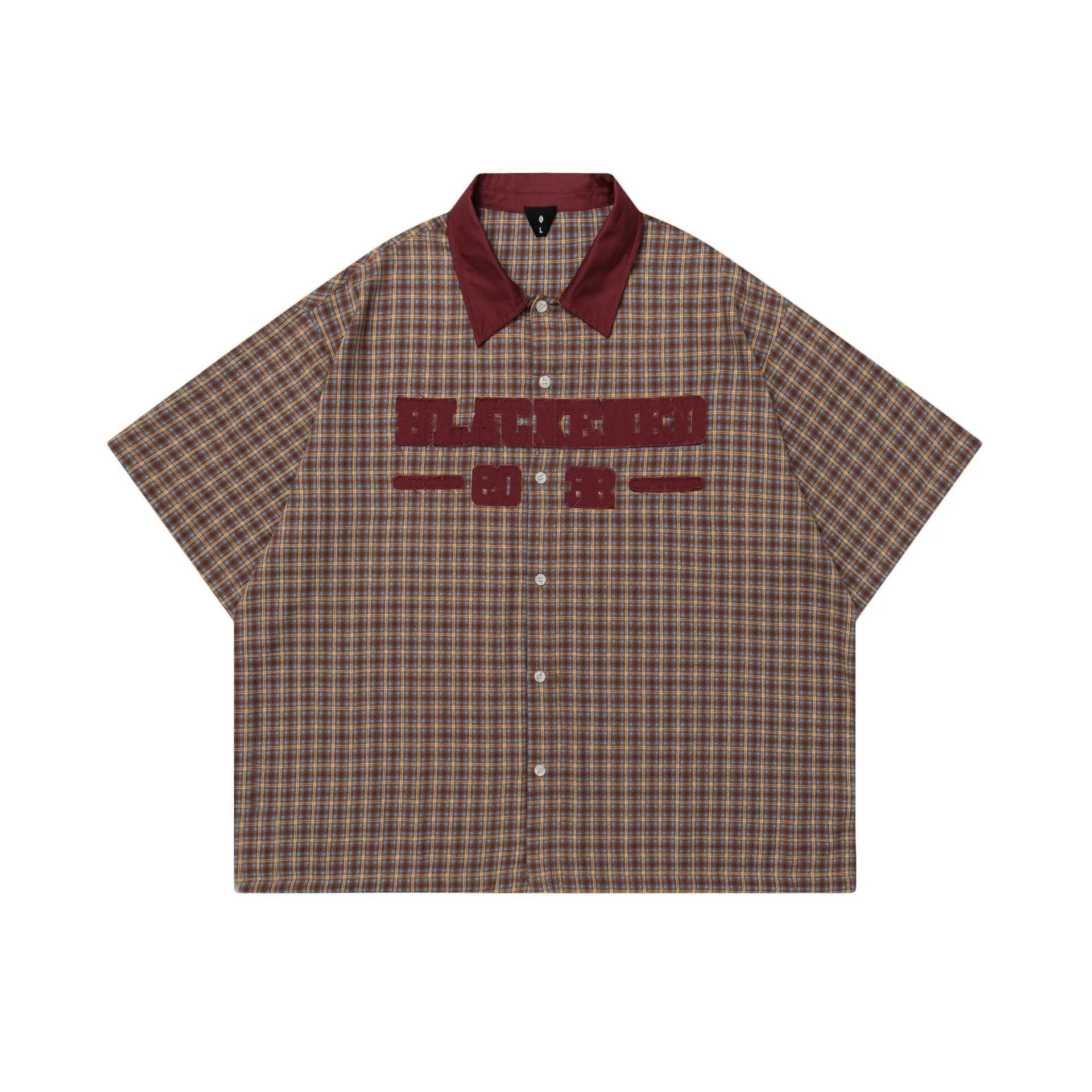 2025 American Vintage Plaid Short-Sleeve Shirt for Men Summer Letter Patchwork Contrast Collar Couple Style
