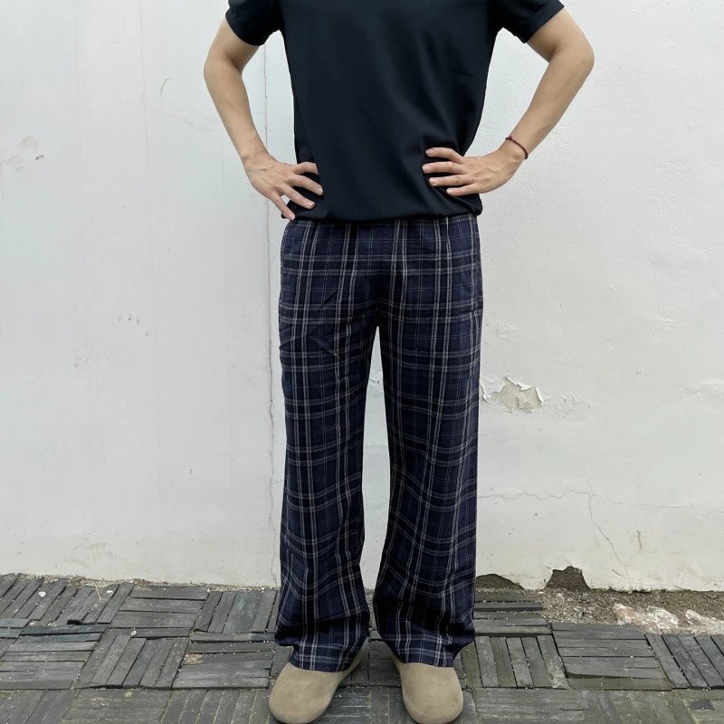 Plaid Cotton Wide-Leg Pants Navy Blue Classic Checkered Trousers