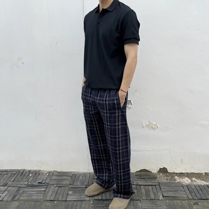 Plaid Cotton Wide-Leg Pants Navy Blue Classic Checkered Trousers