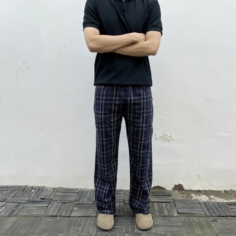 Plaid Cotton Wide-Leg Pants Navy Blue Classic Checkered Trousers