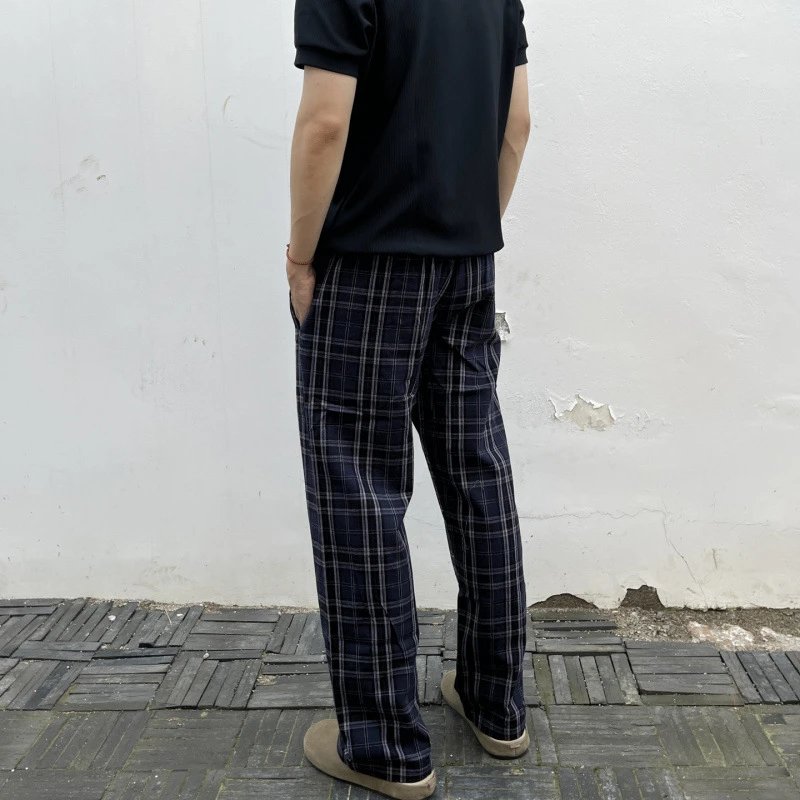 Plaid Cotton Wide-Leg Pants Navy Blue Classic Checkered Trousers