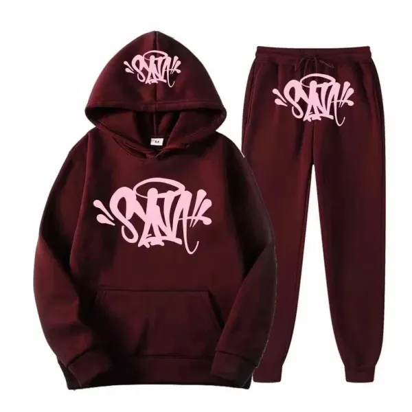 Design Graffiti-Print Burgundy Hoodie and Sweatpants Set - 1