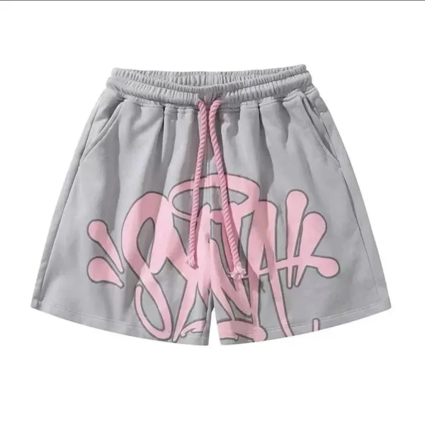Design Graffiti Print Drawstring Shorts Gray Pink - 1