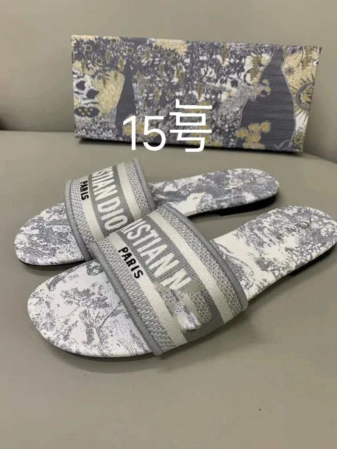 Dior Diorissimo Toile de Jouy Slide Sandals Gray Multicolor