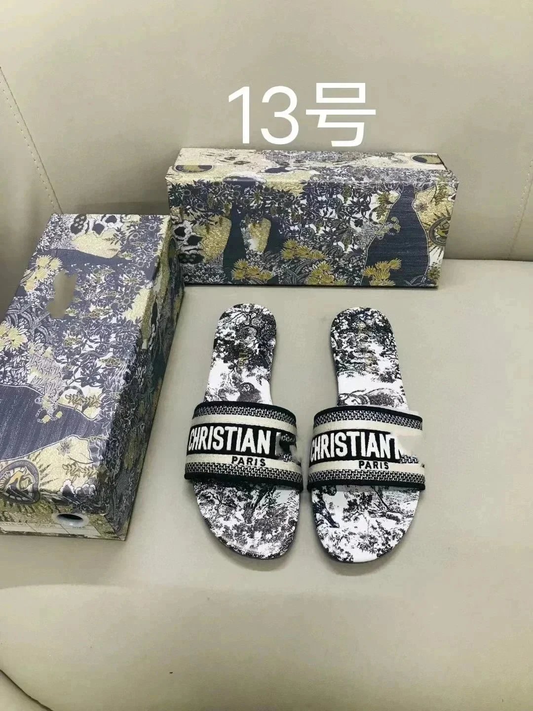 Dior Diorissimo Slide White Black Logo Strap Slippers - 9