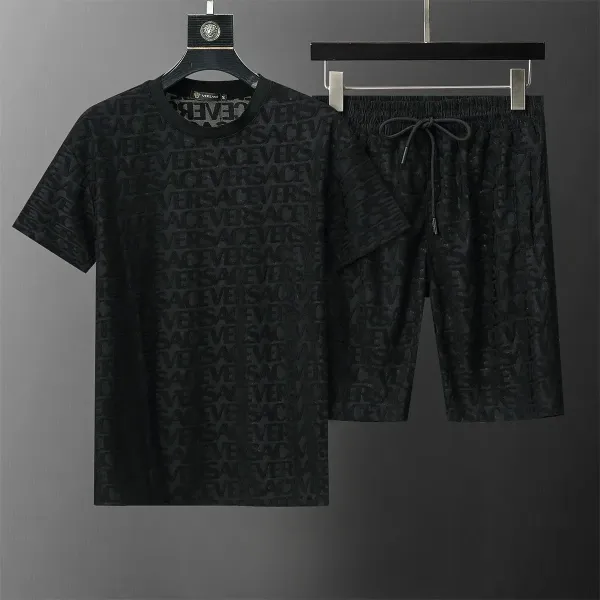 Versace All-Over Logo Print Black T-Shirt and Shorts Set - 1