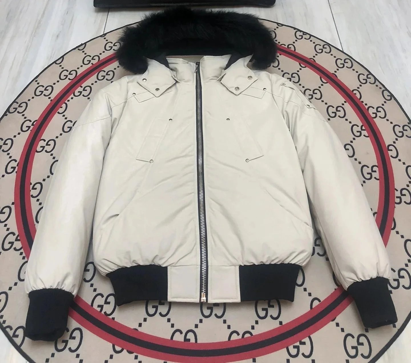 Moncler Men's Black Down Jacket with Fur Collar and Hood