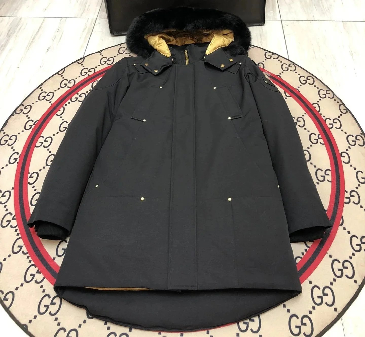 Moncler Men's Black Down Jacket with Fur Collar and Hood